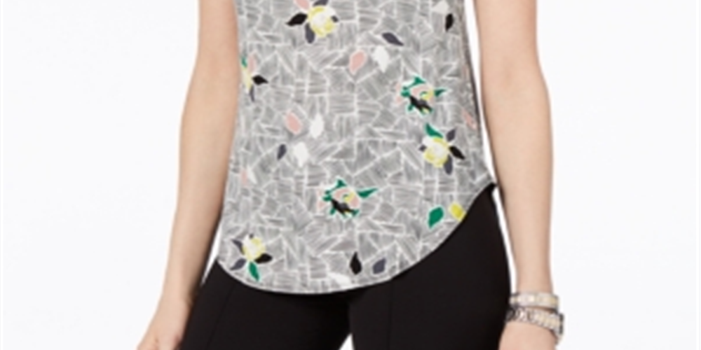 Camiseta feminina Alfani estampada com bainha redonda, preta, tamanho pequeno P