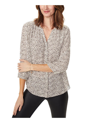 NYDJ Women's Pintuck Chiffon Pleated Button-Down Top Brown Size XS