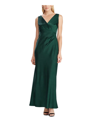 Vestido de noite feminino Ralph Lauren sem mangas em cetim verde, tamanho 18