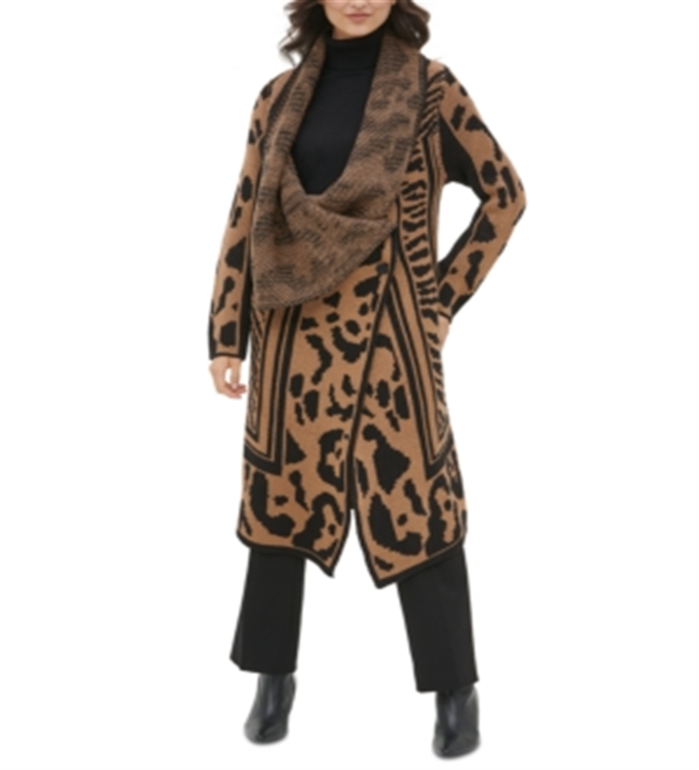 Calvin Klein Feminino Gola Asa Animal Print Manga Longa Aberta Cardigan Suéter Marrom Tamanho GG
