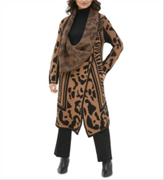 Calvin Klein Feminino Gola Asa Animal Print Manga Longa Aberta Cardigan Suéter Marrom Tamanho GG