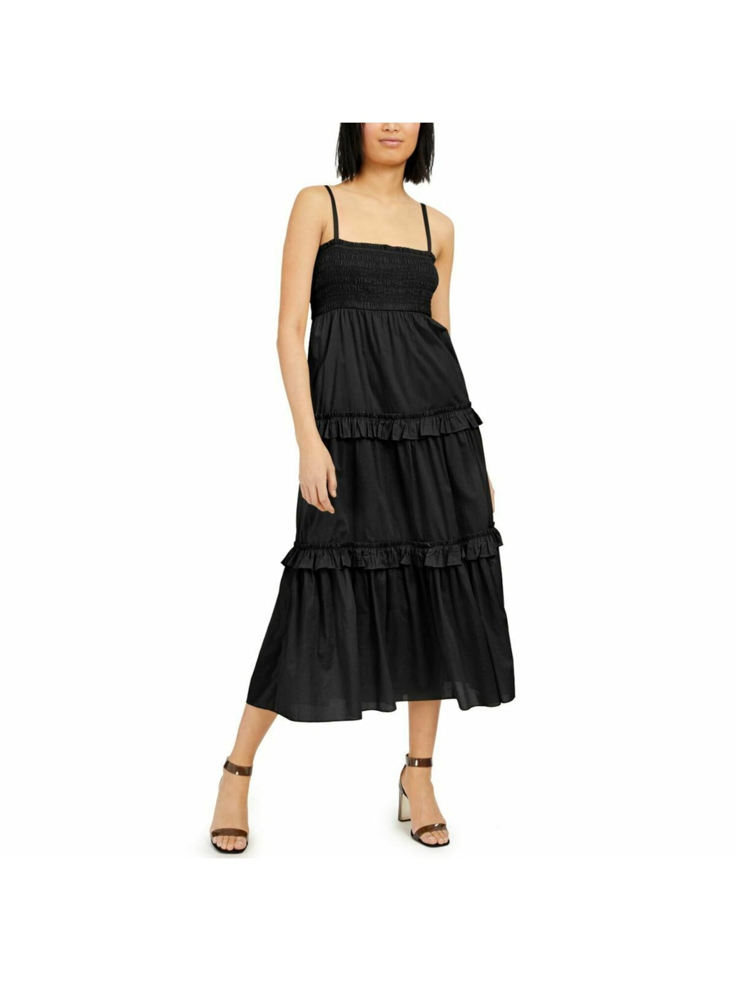 Vestido longo feminino INC com babados e camadas, preto, tamanho GG
