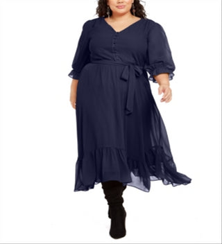 Vestido feminino plus size com botões frontais, azul, tamanho 3X, da coleção Ny
