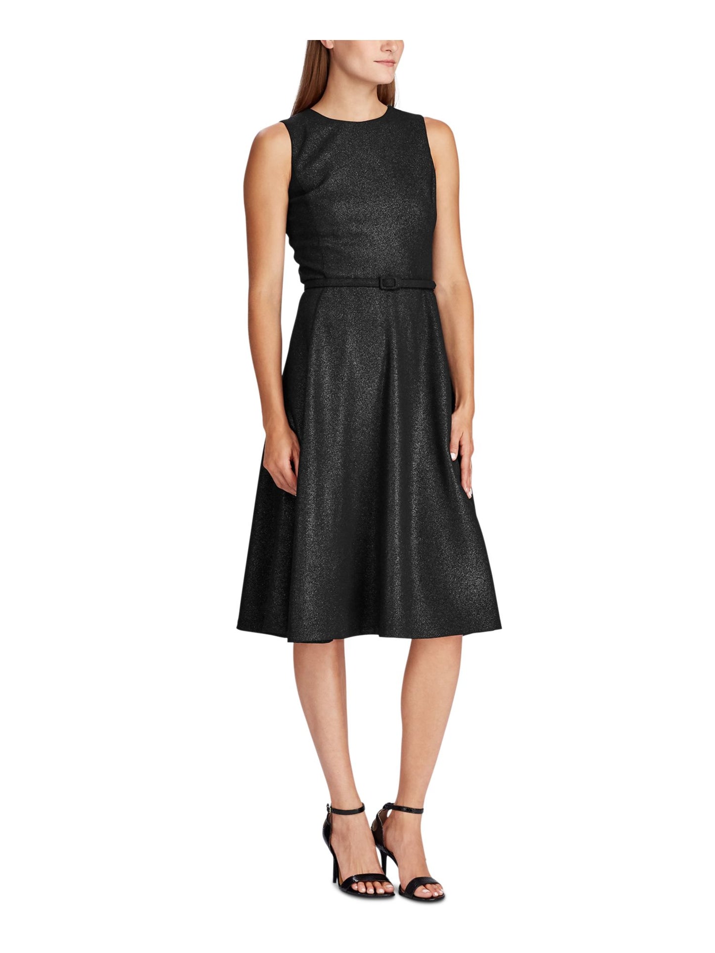 Vestido de festa feminino Ralph Lauren, sem mangas, com decote joia, abaixo do joelho, ajuste folgado, tamanho 12, preto