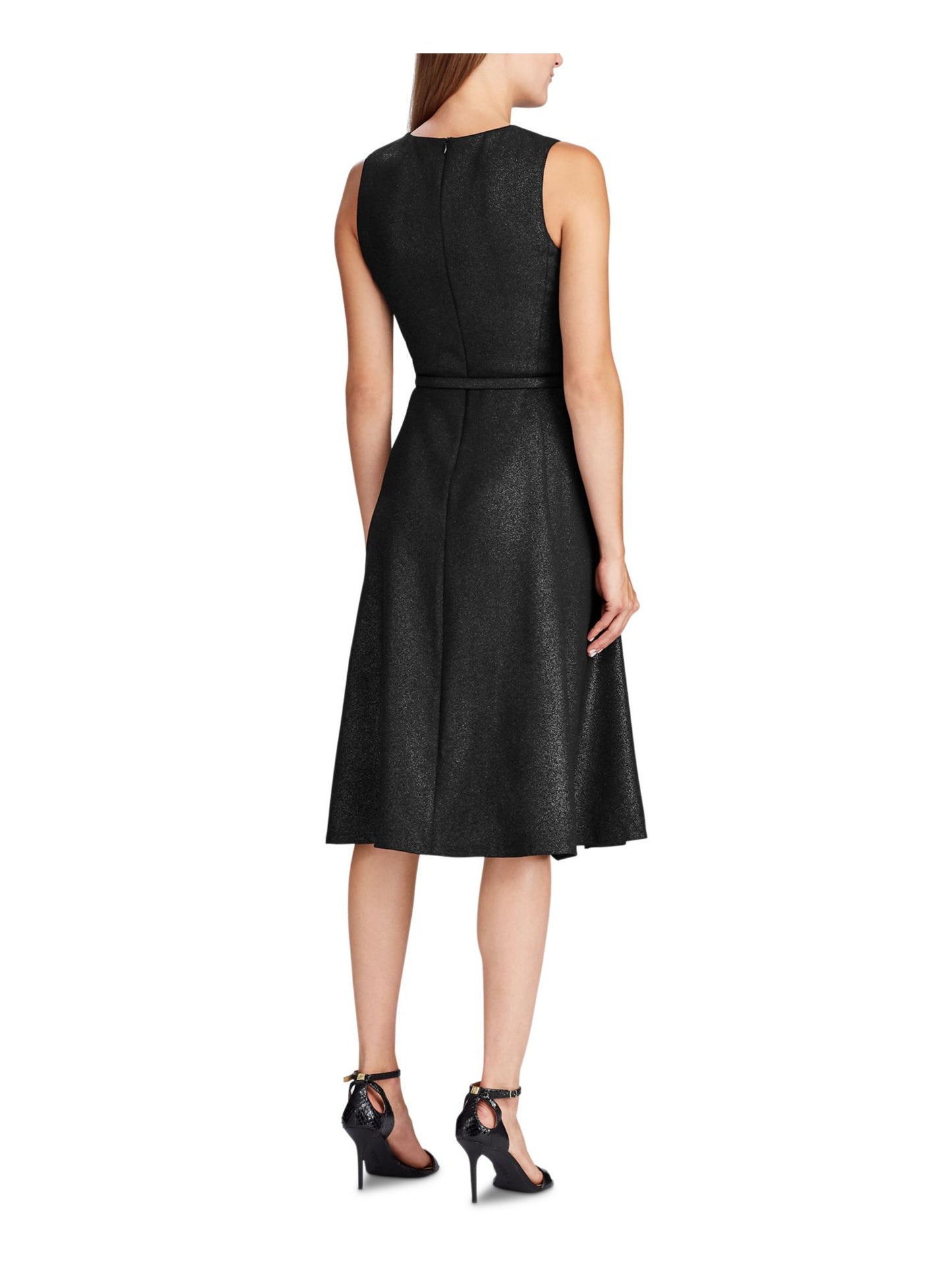 Vestido de festa feminino Ralph Lauren, sem mangas, com decote joia, abaixo do joelho, ajuste folgado, tamanho 12, preto