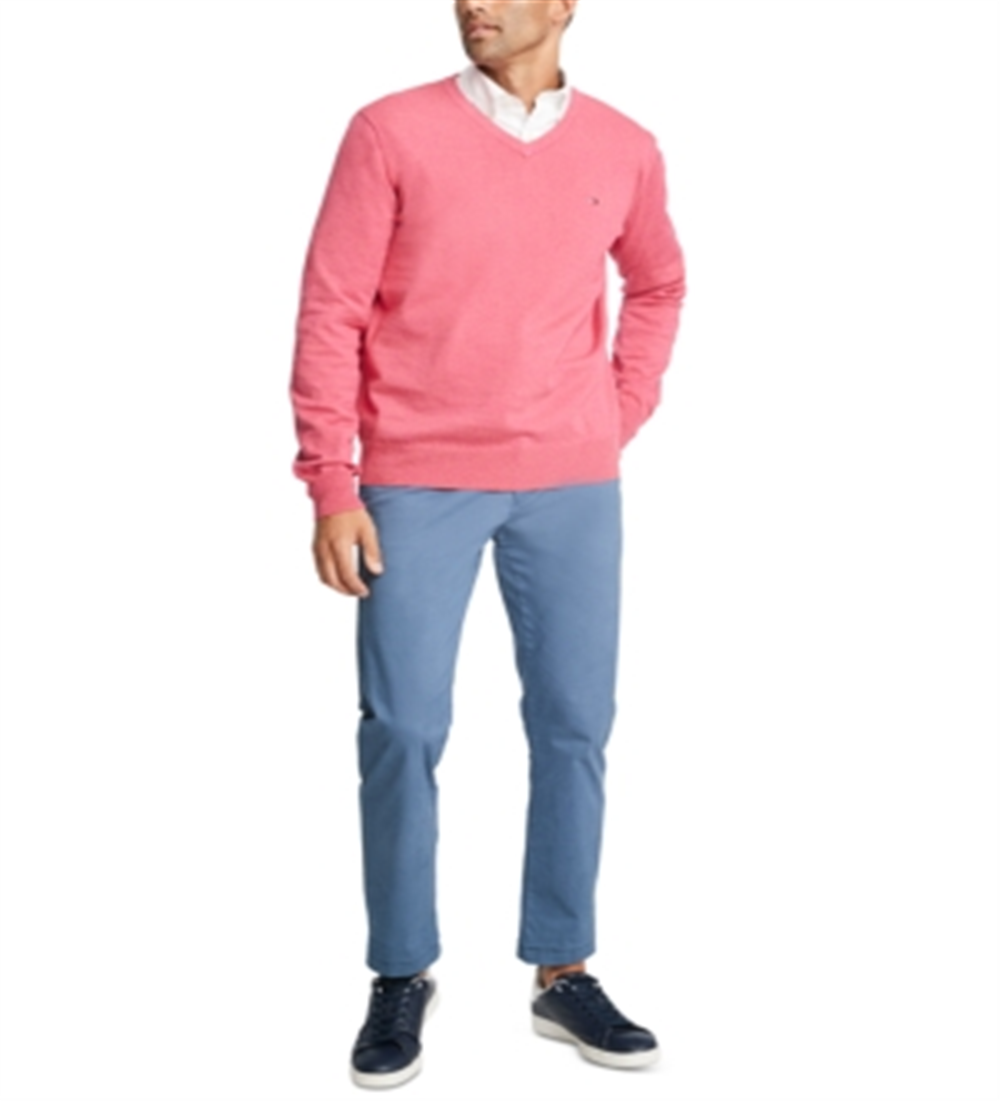 Suéter Tommy Hilfiger Signature Masculino Regular Fit com Decote em V e Manga Longa Rosa Tamanho Grande