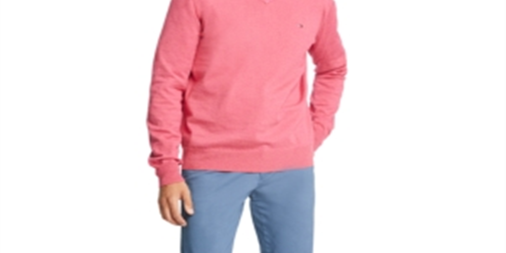 Suéter Tommy Hilfiger Signature Masculino Regular Fit com Decote em V e Manga Longa Rosa Tamanho Grande