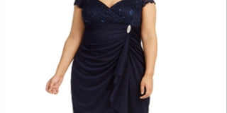 Vestido de noite feminino Betsy Adam com renda, manga curta, decote Queen Anne, comprimento até o joelho, tamanho azul-marinho, tamanho 18W