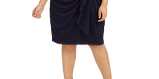 Vestido de noite feminino Betsy Adam com renda, manga curta, decote Queen Anne, comprimento até o joelho, tamanho azul-marinho, tamanho 18W