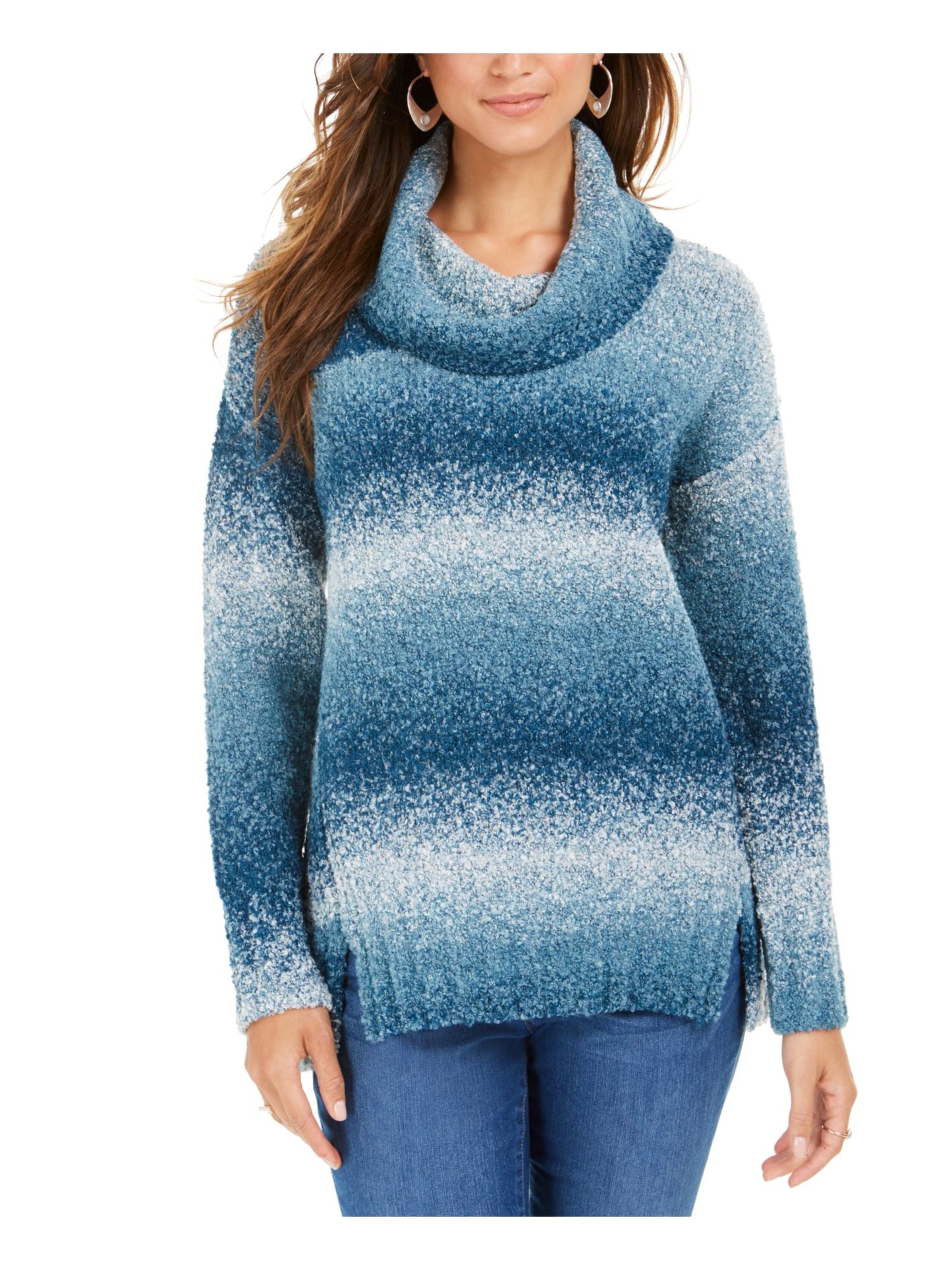 Camiseta feminina estilo &amp; co com estampa de bloco de cores, manga comprida, gola alta, azul-petróleo, tamanho pequeno