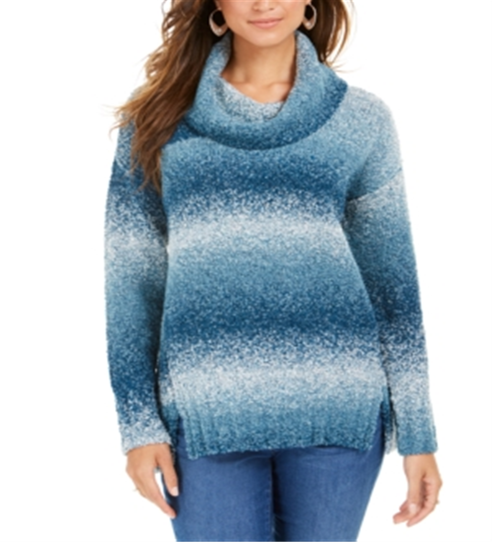 Camiseta feminina estilo &amp; co com estampa de bloco de cores, manga comprida, gola alta, azul-petróleo, tamanho pequeno