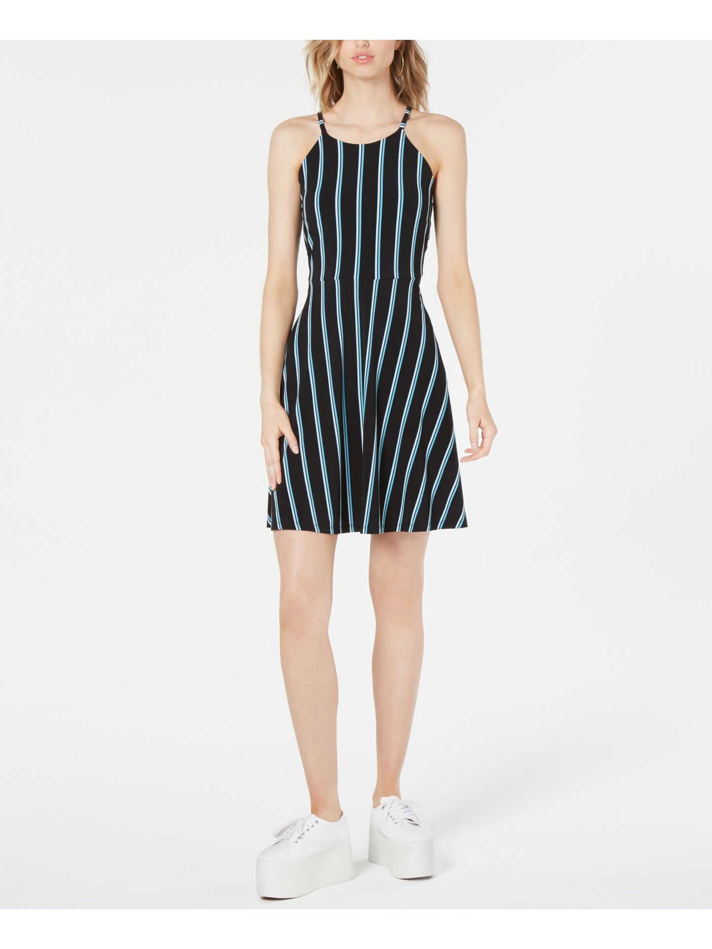 Vestido casual listrado Halter feminino Bar III, preto, tamanho médio
