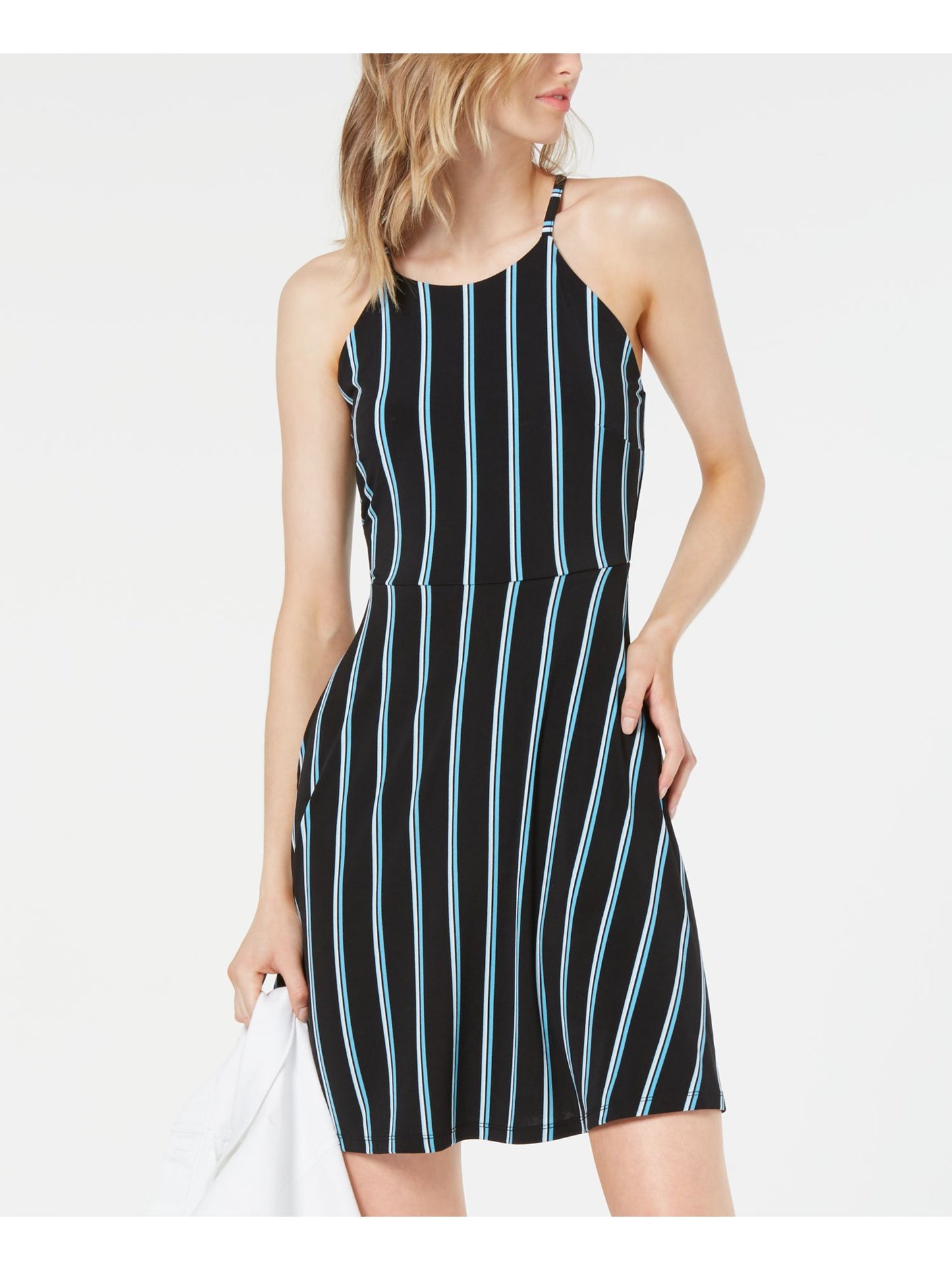 Vestido casual listrado Halter feminino Bar III, preto, tamanho médio