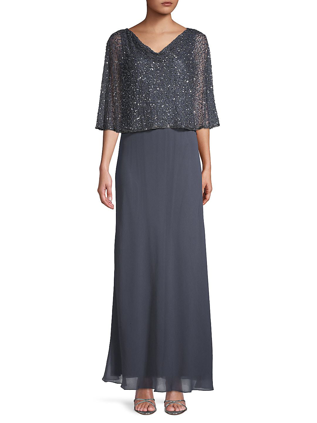 Vestido Capelet Feminino J Kara Cinza com Lantejoulas Tamanho 14