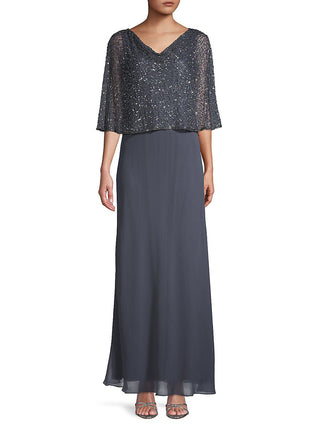 Vestido Capelet Feminino J Kara Cinza com Lantejoulas Tamanho 14