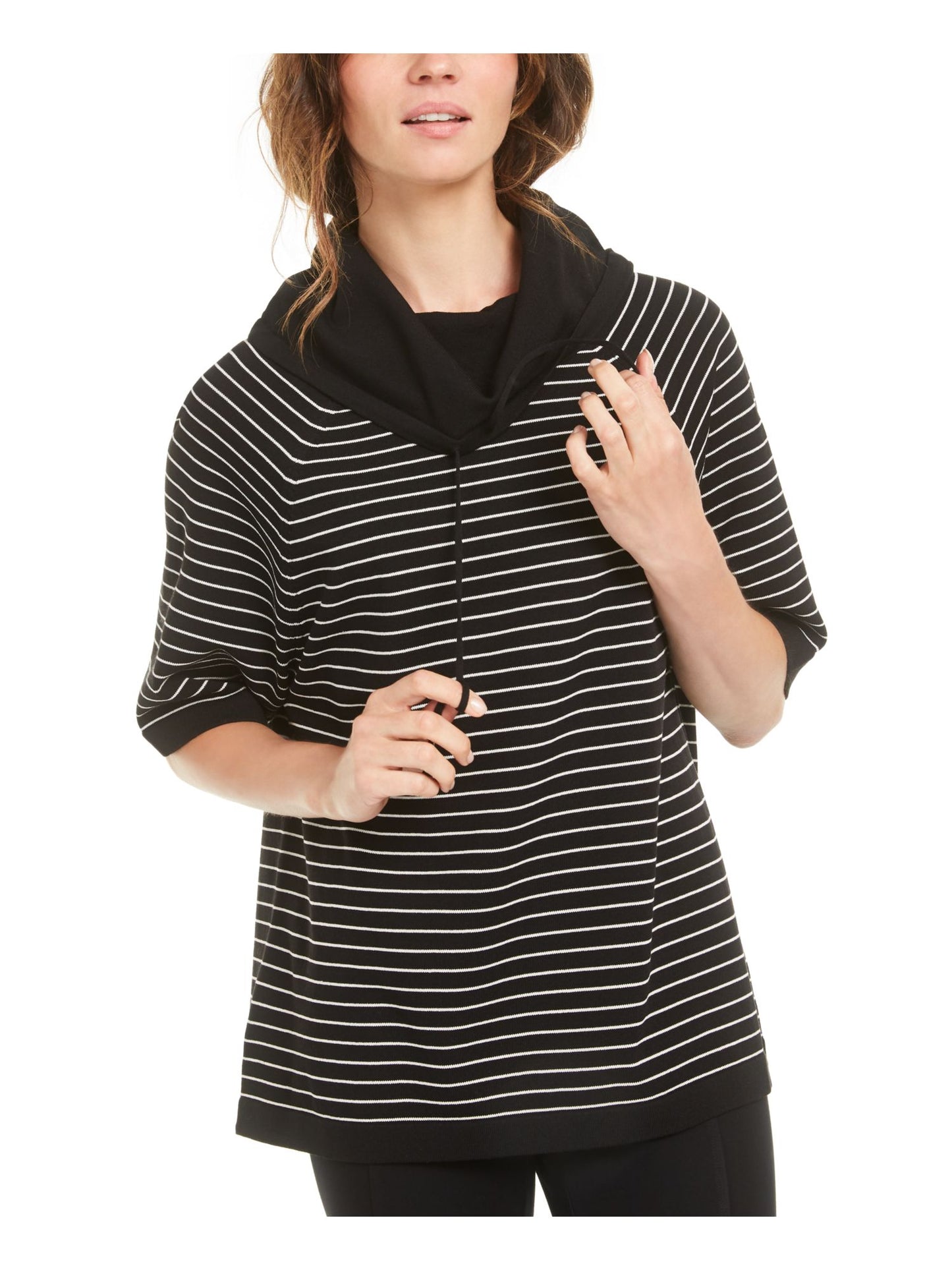 Blusa feminina Anne Klein listrada com manga 3/4 e gola alta, preta, tamanho XS