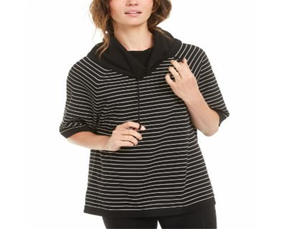 Blusa feminina Anne Klein listrada com manga 3/4 e gola alta, preta, tamanho XS