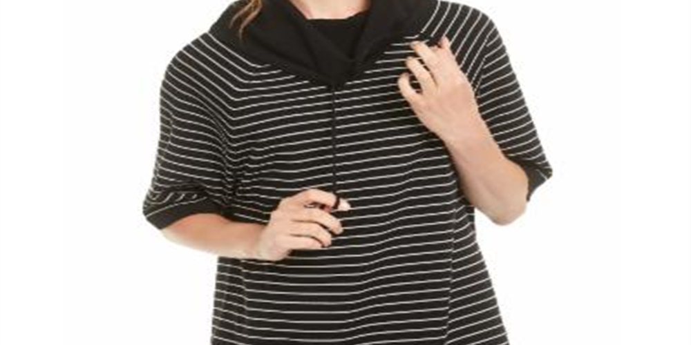 Blusa feminina Anne Klein listrada com manga 3/4 e gola alta, preta, tamanho XS