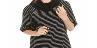 Blusa feminina Anne Klein listrada com manga 3/4 e gola alta, preta, tamanho XS