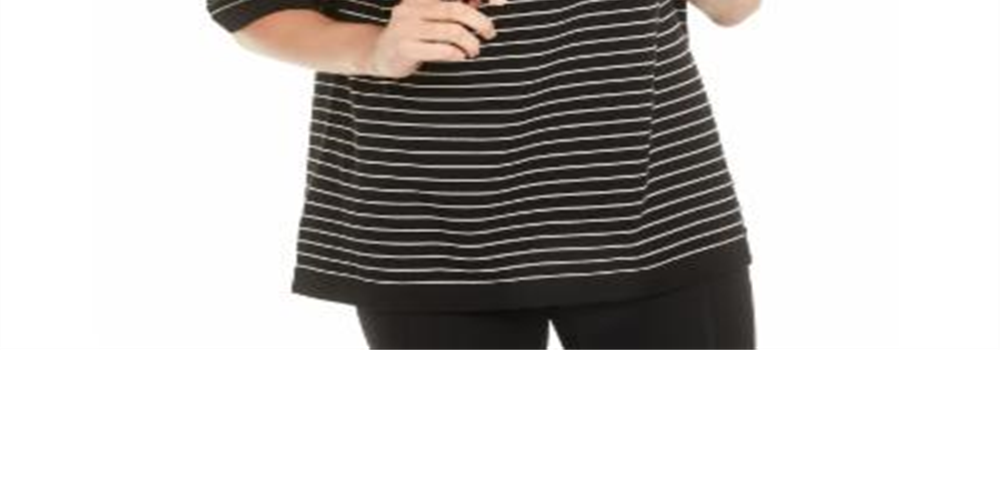 Blusa feminina Anne Klein listrada com manga 3/4 e gola alta, preta, tamanho XS