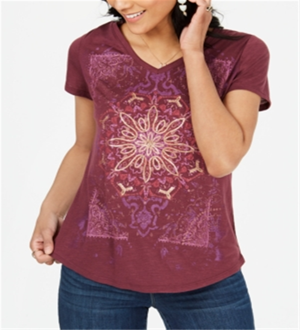 Camiseta feminina com estampa sunburst da Style &amp; Co - Roxo com lantejoulas sunburst, tamanho XS -