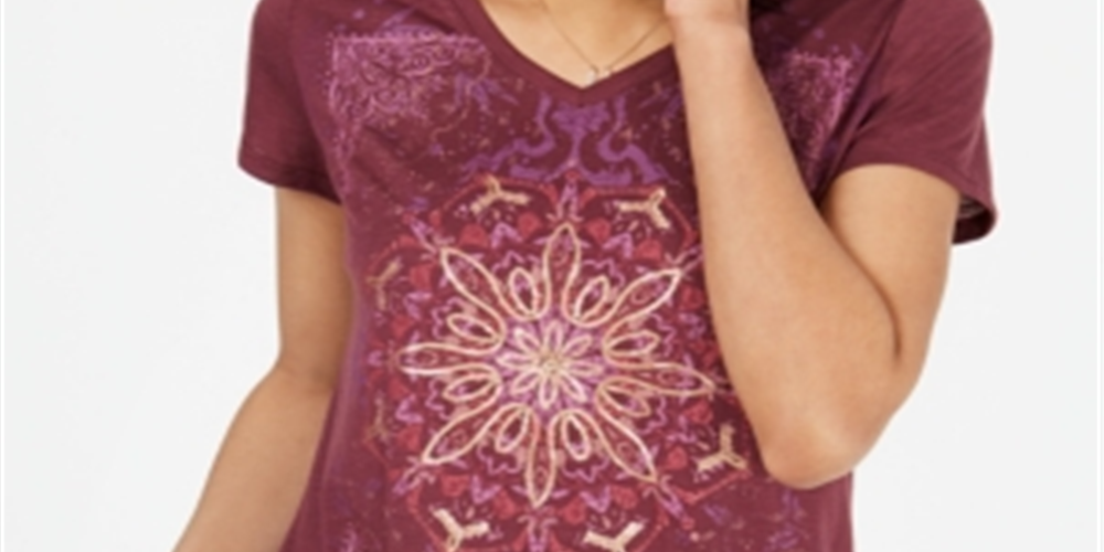 Camiseta feminina com estampa sunburst da Style &amp; Co - Roxo com lantejoulas sunburst, tamanho XS -