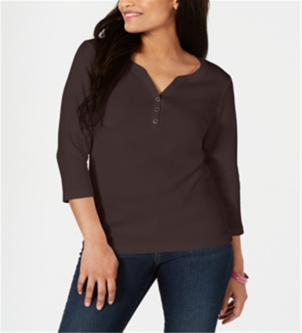 Camisa Henley de algodão pequena Karen Scott feminina, tamanho chocolate, pequena M