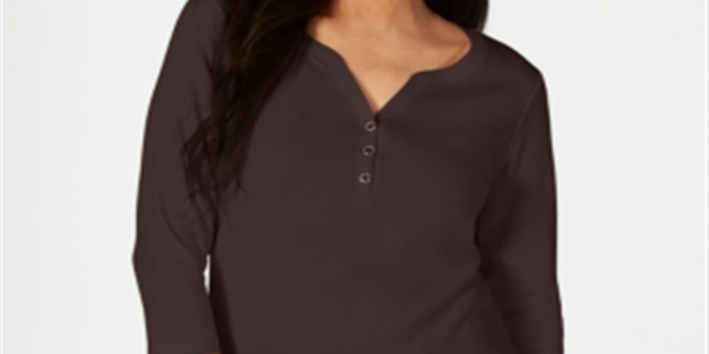Camisa Henley de algodão pequena Karen Scott feminina, tamanho chocolate, pequena M