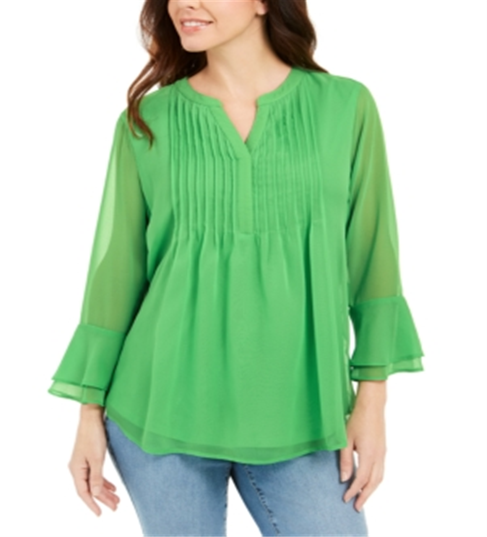 Charter Club Blusa feminina lisa com babados duplos e pregas, verde, tamanho XS