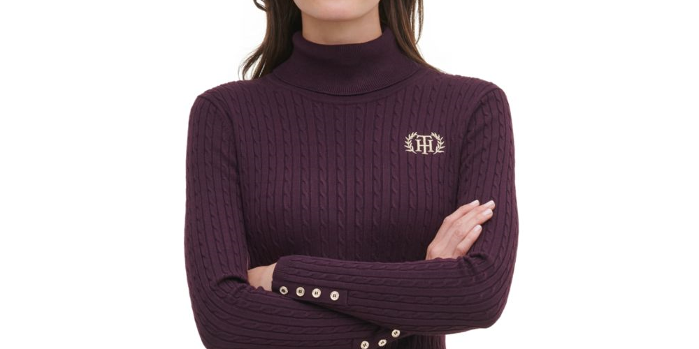 Vestido tommy hilfiger feminino manga comprida gola alta acima do joelho roxo tamanho grande