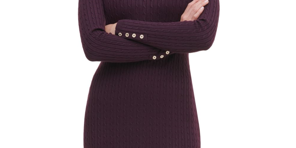 Vestido tommy hilfiger feminino manga comprida gola alta acima do joelho roxo tamanho grande