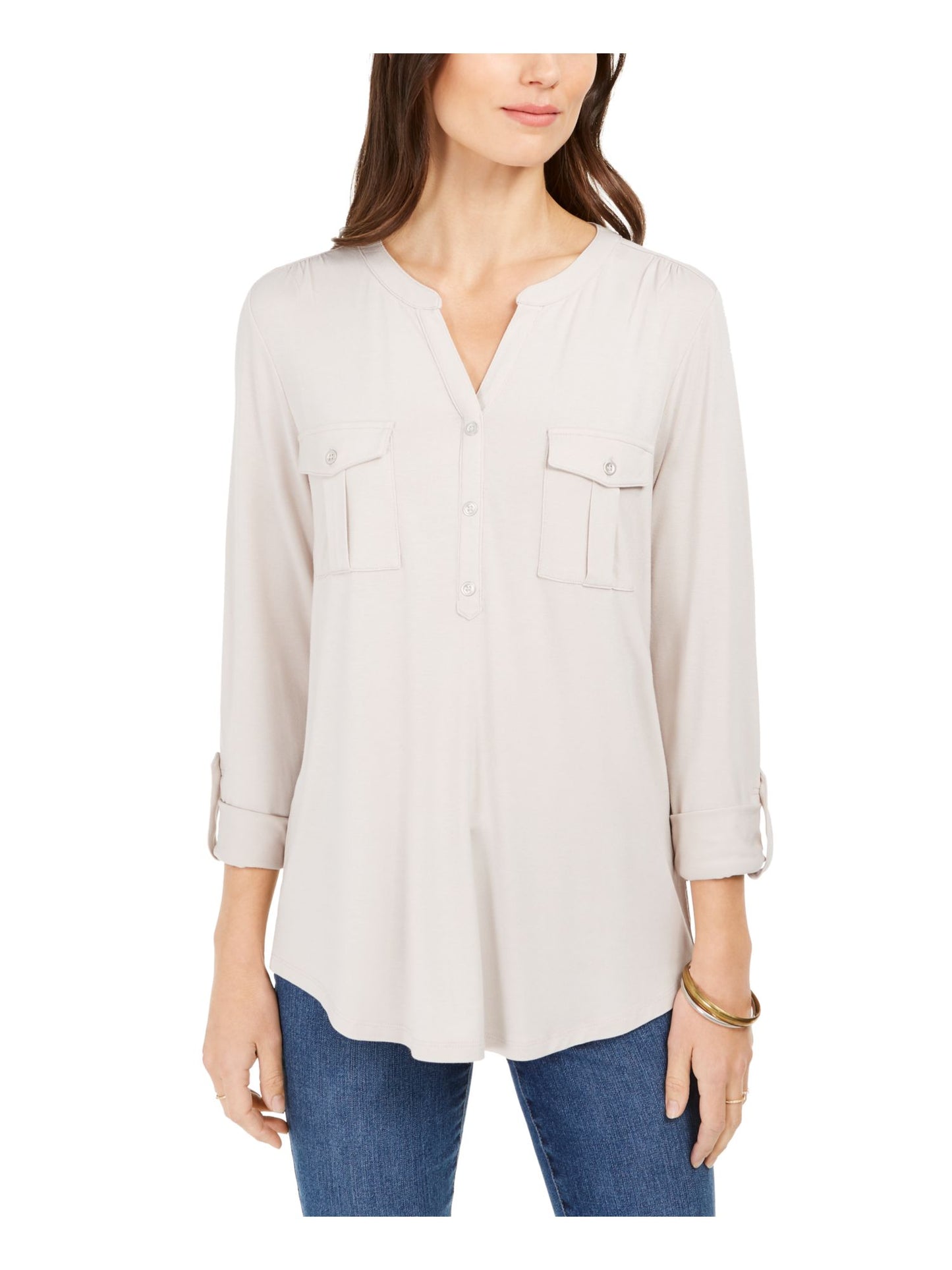 Blusa feminina com botões e punhos estilo &amp; CO, bege mesclado, tamanho pequeno GG