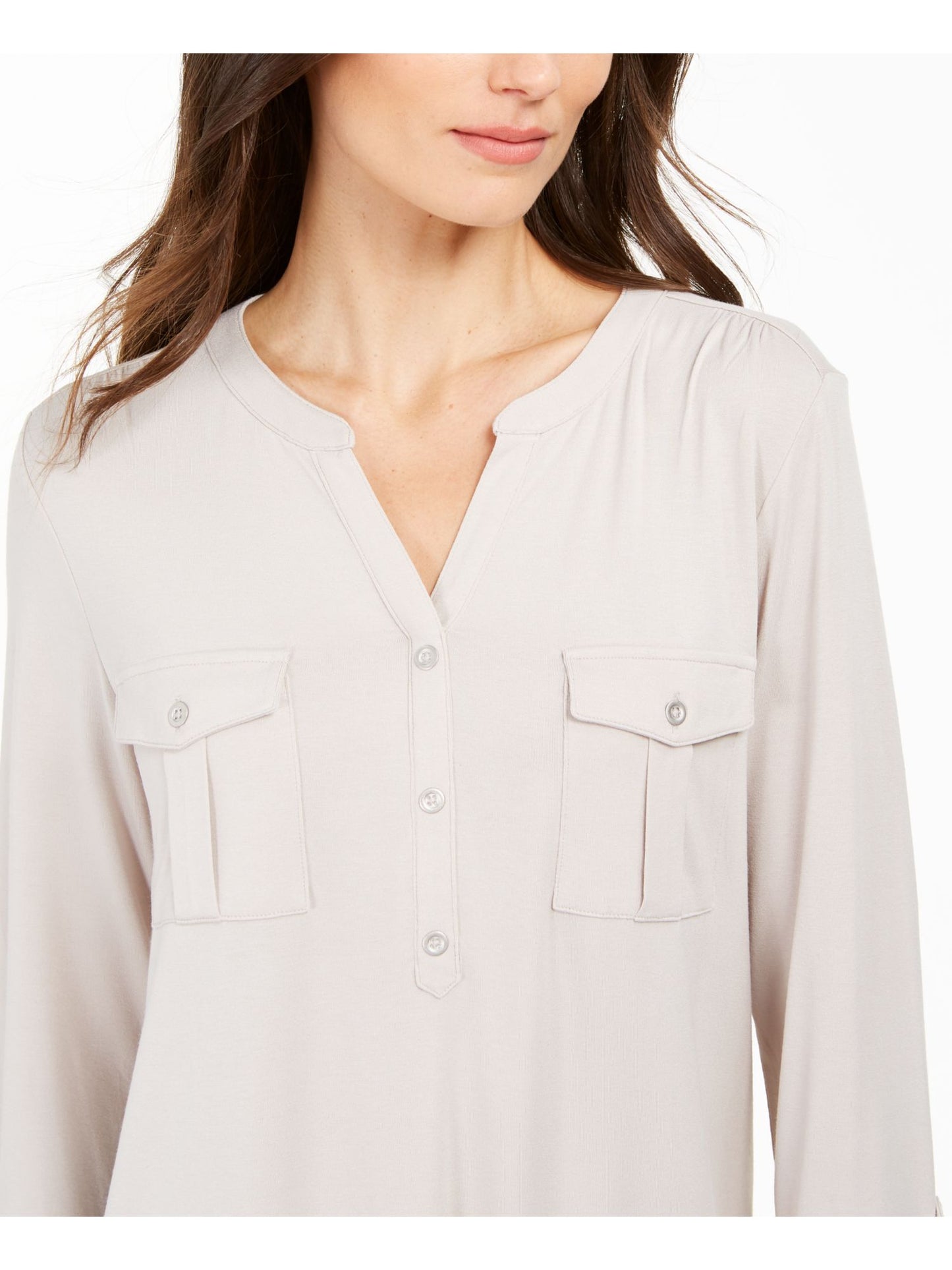 Blusa feminina com botões e punhos estilo &amp; CO, bege mesclado, tamanho pequeno GG