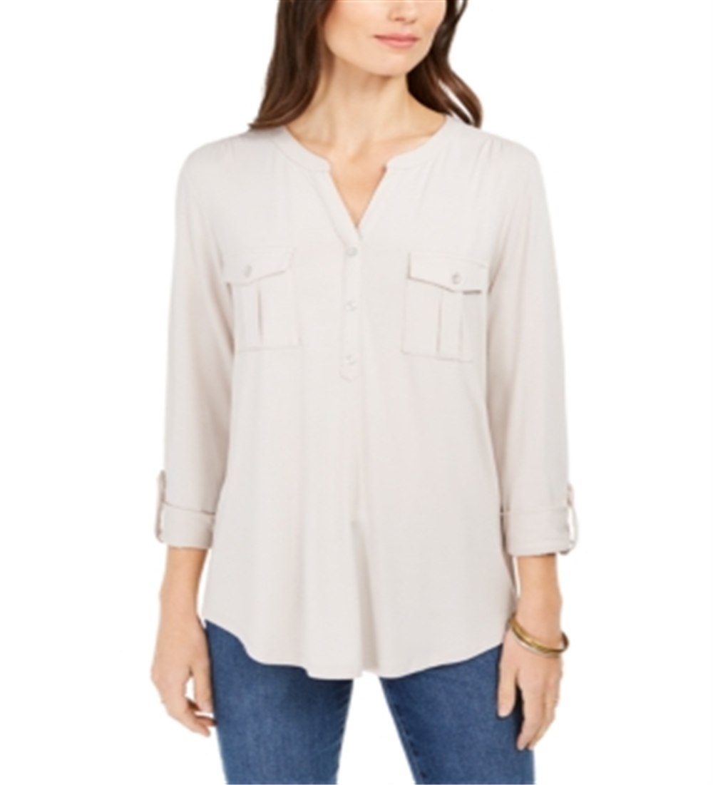 Blusa feminina com botões e punhos estilo &amp; CO, bege mesclado, tamanho pequeno GG