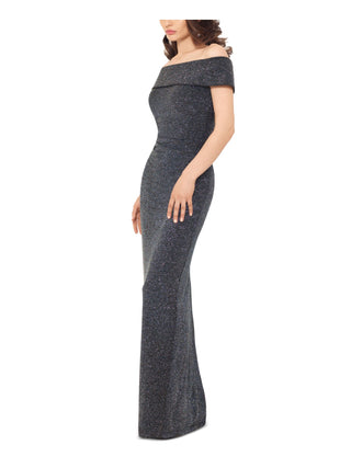 Vestido metálico Xscape ombro a ombro cinza tamanho 14