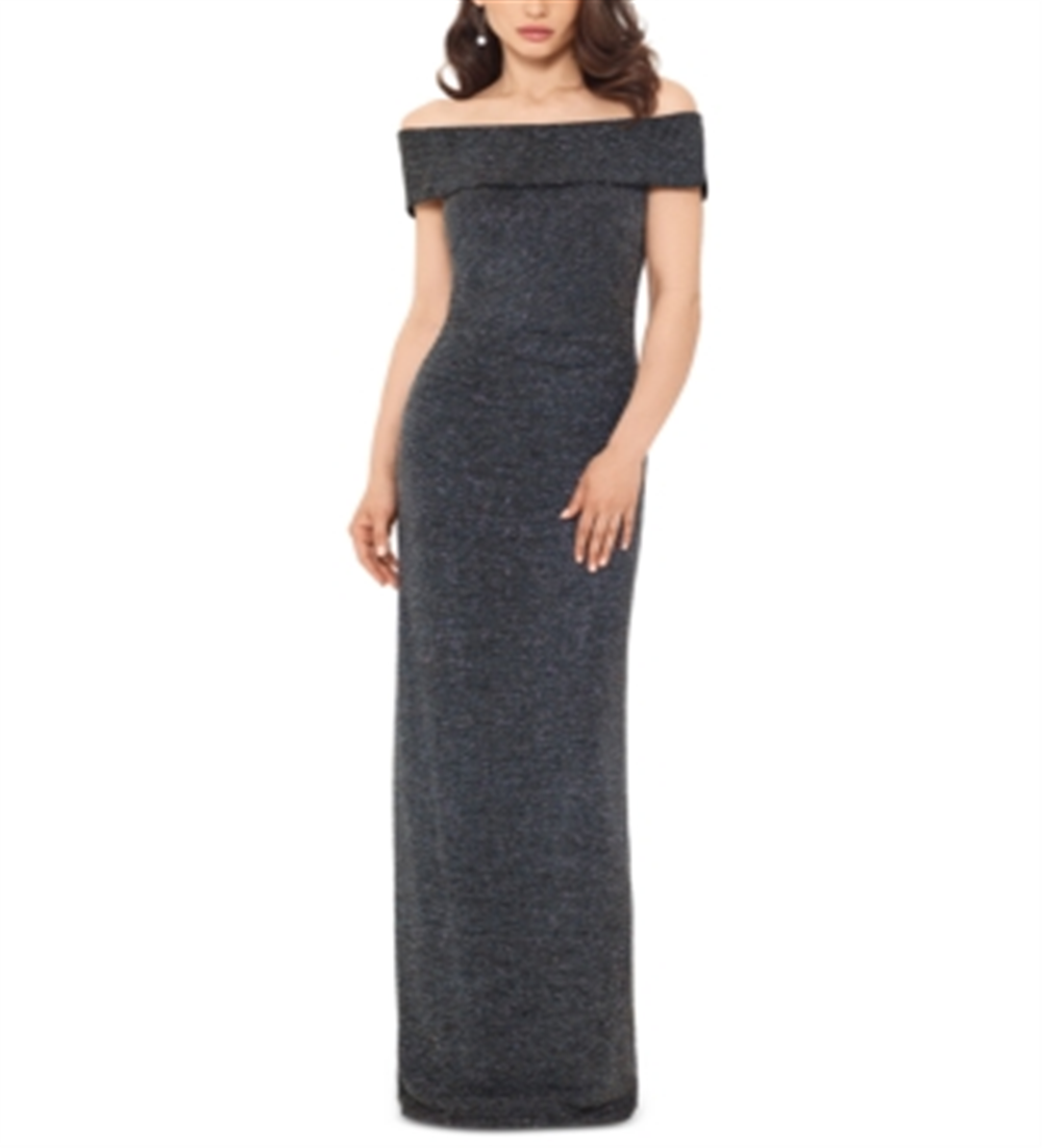 Vestido metálico Xscape ombro a ombro cinza tamanho 14