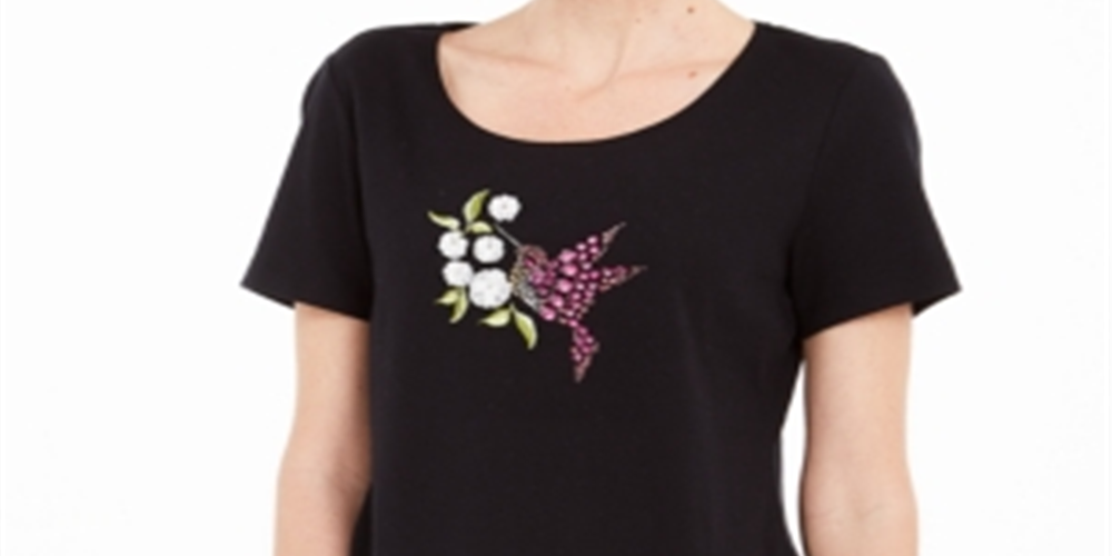 Camiseta feminina Karen Scott Hummingbird de algodão, preta, tamanho GG