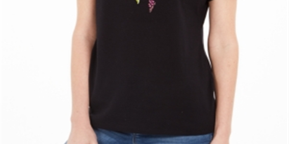 Camiseta feminina Karen Scott Hummingbird de algodão, preta, tamanho GG