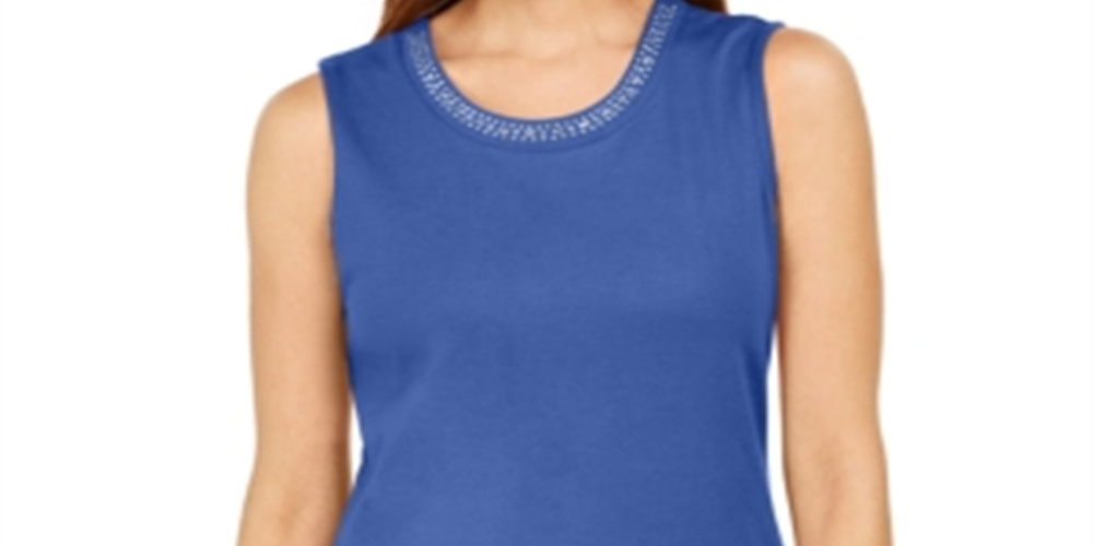 Blusa feminina Karen Scott de algodão com decote embelezado, azul, tamanho grande