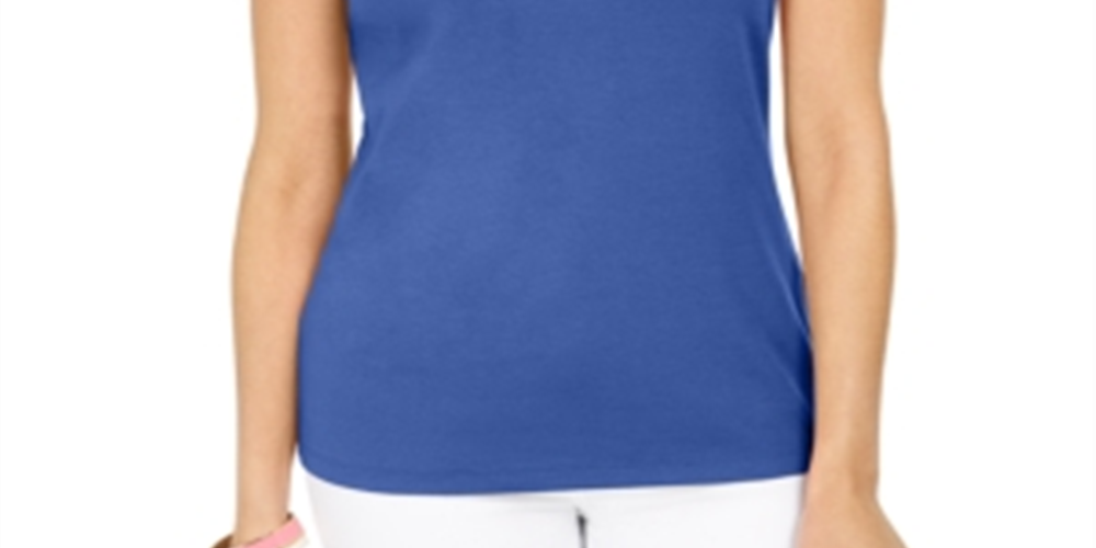 Blusa feminina Karen Scott de algodão com decote embelezado, azul, tamanho grande