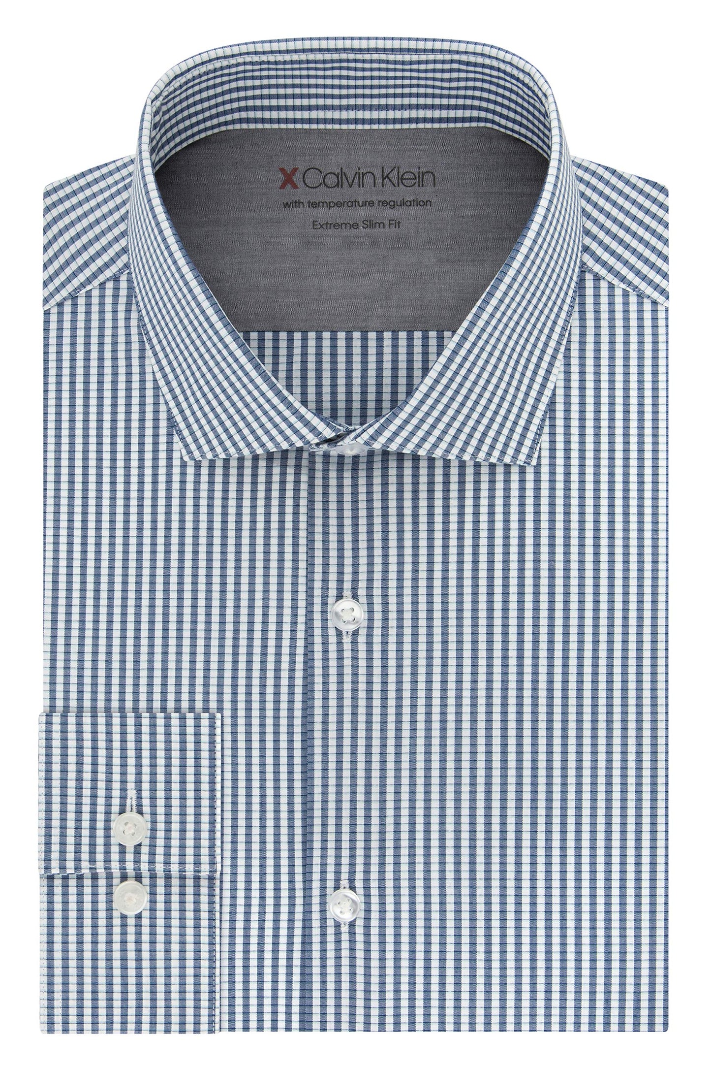 Camisa social masculina Calvin Klein Extra-Slim Fit Performance Stretch com regulagem de temperatura e xadrez, multicolorida, azul, tamanho 17,5x32-33