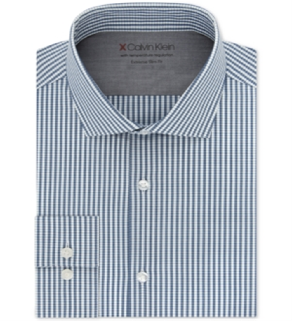 Camisa social masculina Calvin Klein Extra-Slim Fit Performance Stretch com regulagem de temperatura e xadrez, multicolorida, azul, tamanho 17,5x32-33
