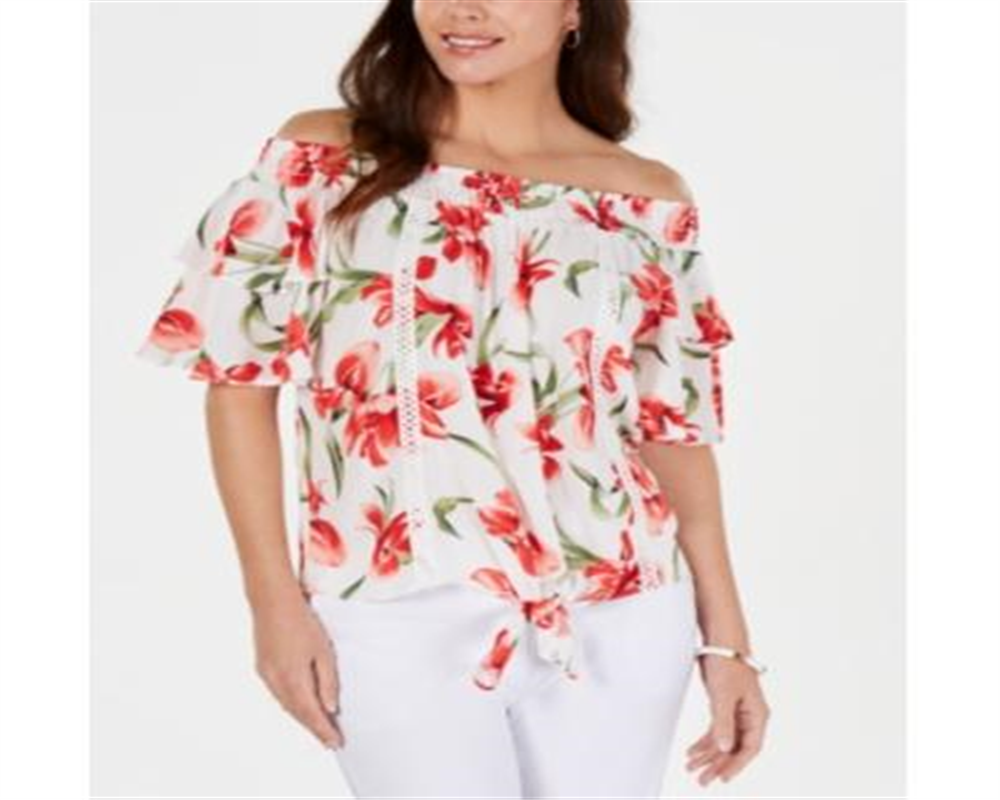 JM COLLECTION Blusa feminina floral ombro a ombro branca tamanho médio