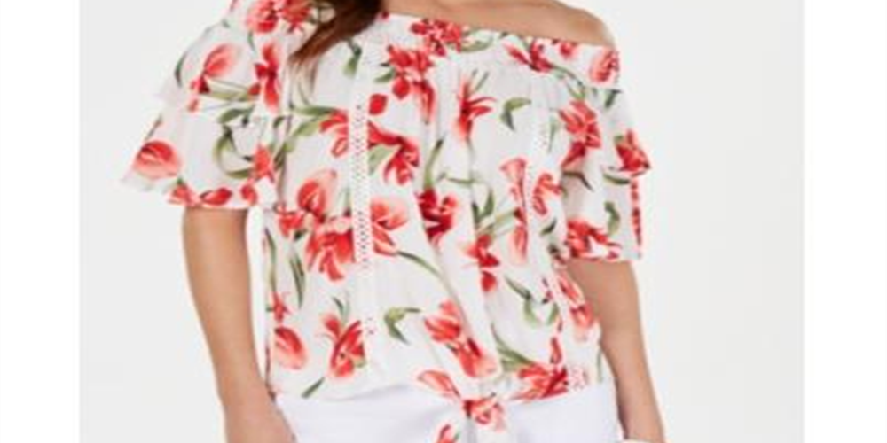 JM COLLECTION Blusa feminina floral ombro a ombro branca tamanho médio