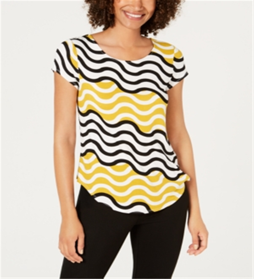 Blusa feminina Alfani com estampa de manga curta e gola alta, amarela, tamanho P