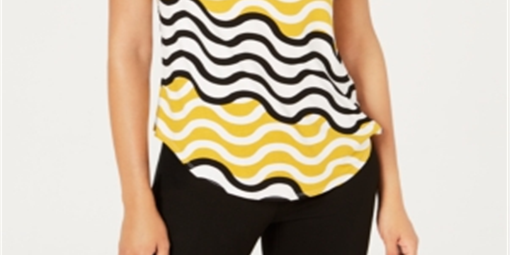 Blusa feminina Alfani com estampa de manga curta e gola alta, amarela, tamanho P