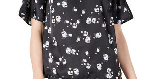 Blusa Alfani Feminina de Cetim com Estampa Floral e Ombros Smocked - Preto Moderno e Ditsy Tamanho P
