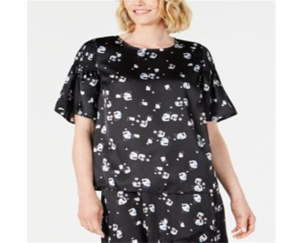 Blusa Alfani Feminina de Cetim com Estampa Floral e Ombros Smocked - Preto Moderno e Ditsy Tamanho P