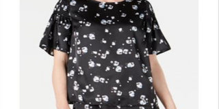 Blusa Alfani Feminina de Cetim com Estampa Floral e Ombros Smocked - Preto Moderno e Ditsy Tamanho P