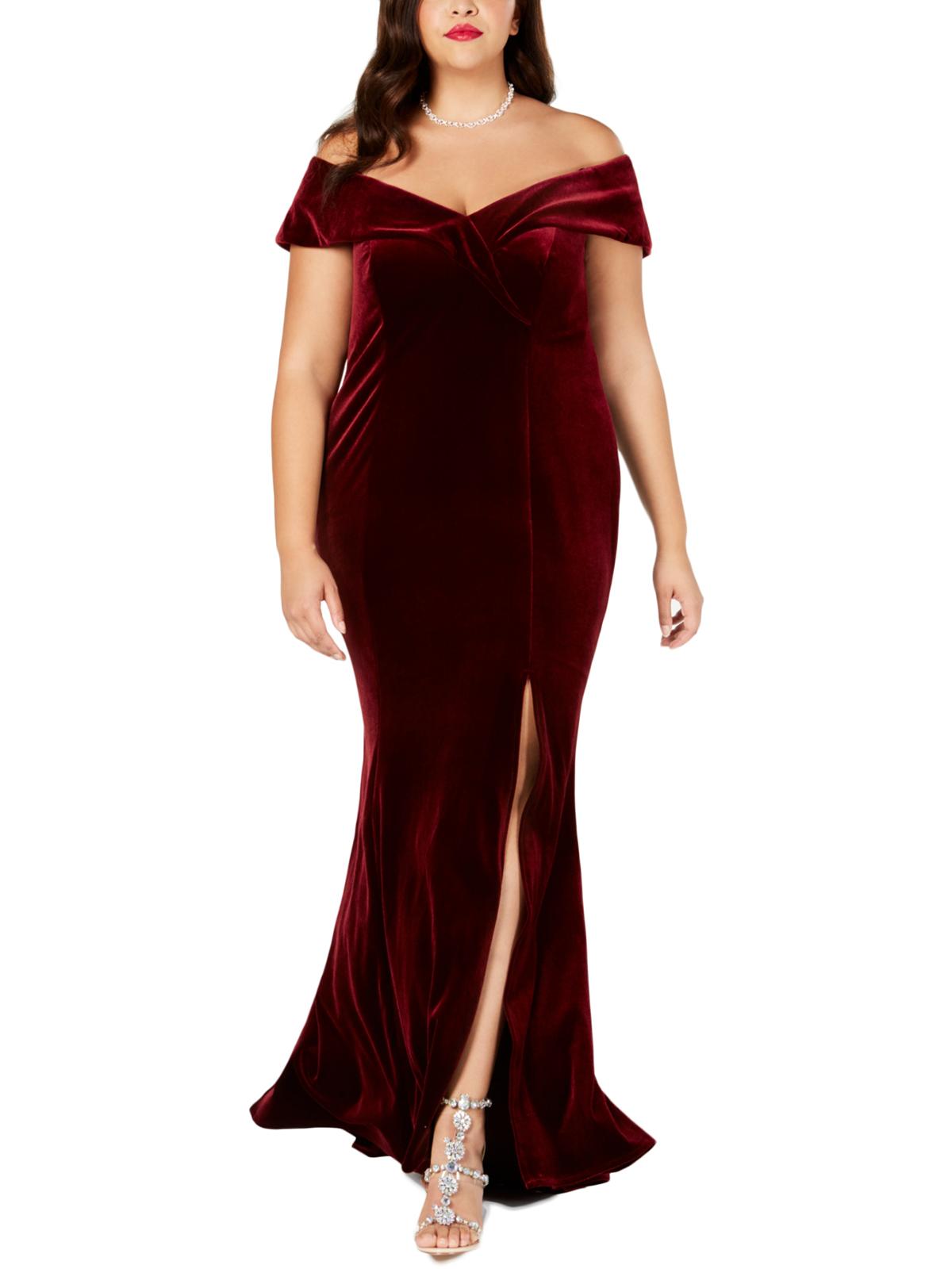 Vestido de festa feminino Xscape Plus Velvet com ombros à mostra, roxo, tamanho 18W